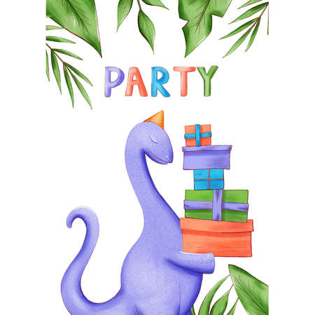Invitation card or poster on the Dino party. illustration with colorful dinosaurs. Template with a place for your text.の写真素材