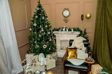 Christmas and New Year interior of a photo studio, and brown wall (1). Idea for holiday like Christmas and New year, for covers books, magazines, articles.の写真素材