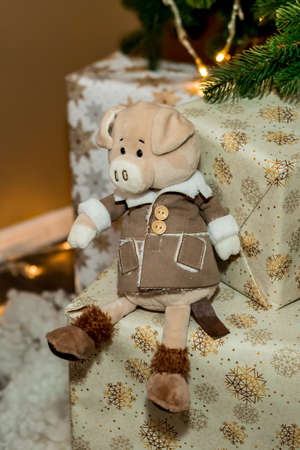 Christmas and New Year tree, toys, and brown wall (4). Idea for holiday like Christmas and New year, for covers books, magazines, articles.の写真素材