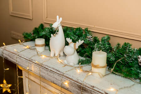 Christmas and New Year fireplace with burning garlands (1). Idea for holiday like Christmas and New year, for covers books, magazines, articles.の写真素材