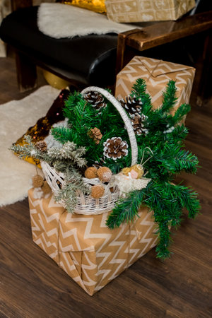 Christmas and New Year's bag with decorations (1). Idea for holiday like Christmas and New year, for covers books, magazines, articles.の写真素材