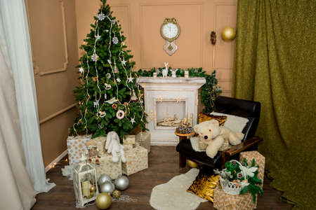 Christmas and New Year interior of a photo studio, and brown wall (6). Idea for holiday like Christmas and New year, for covers books, magazines, articles.の写真素材