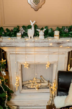 Christmas and New Year tree, fireplace with burning garlands (1). Idea for holiday like Christmas and New year, for covers books, magazines, articles.の写真素材