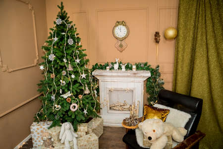 Christmas and New Year interior of a photo studio, and brown wall (3). Idea for holiday like Christmas and New year, for covers books, magazines, articles.の写真素材