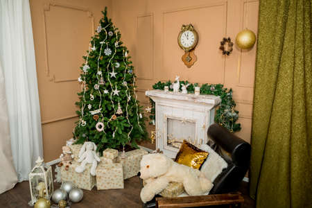 Christmas and New Year interior of a photo studio, and brown wall (4). Idea for holiday like Christmas and New year, for covers books, magazines, articles.の写真素材