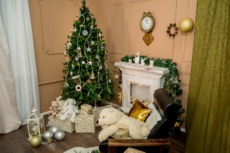 Christmas and New Year interior of a photo studio, and brown wall (5). Idea for holiday like Christmas and New year, for covers books, magazines, articles.の写真素材