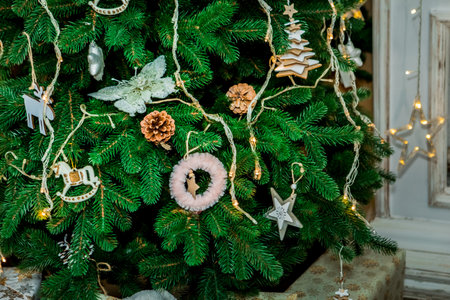 Christmas and New Year only tree, central fragment (2). Idea for holiday like Christmas and New year, for covers books, magazines, articles.の写真素材
