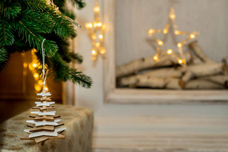Christmas and New Year fireplace with burning garlands (3). Idea for holiday like Christmas and New year, for covers books, magazines, articles.の写真素材
