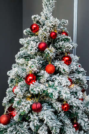 Christmas and New Year photo studio, tree, garlands, gray wall, balls (3). Idea for holiday like Christmas and New year, for covers books, magazines, articles.の写真素材