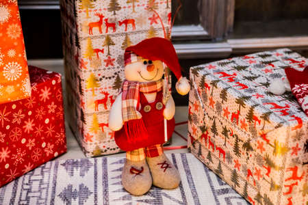 Christmas and New Year photo studio, gray wall, balls, plush toy (3). Idea for holiday like Christmas and New year, for covers books, magazines, articles.の写真素材
