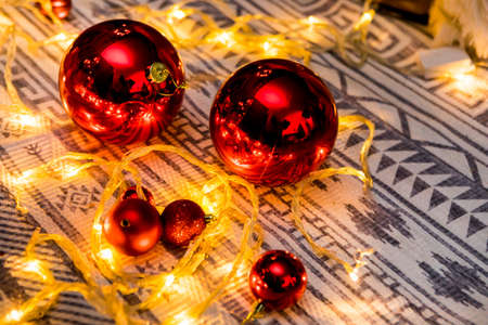 Christmas and New Year photo studio, box, presents, garlands, gray wall, balls (6). Idea for holiday like Christmas and New year, for covers books, magazines, articles.の写真素材