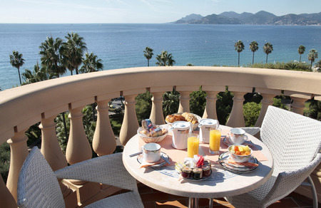 breakfast in French Riviera Cannes and view on the seaの写真素材