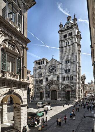 St Lorentz cathedral in Genoa, italy and view of the cityの写真素材