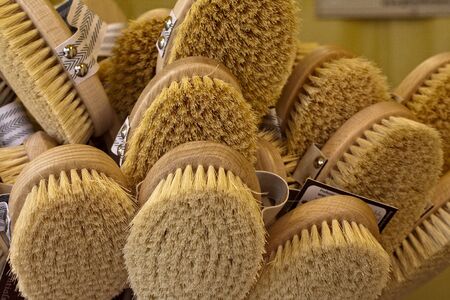 wooden brush with natural fibers, ecological marketの写真素材