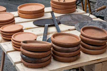 plates for cooking of testaroli in italian typical cuisineの写真素材