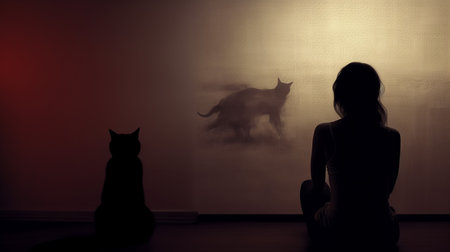 lonely girl silhouette sitting opposite the wall together with cat, loneliness concept, love pet, sublimationの写真素材