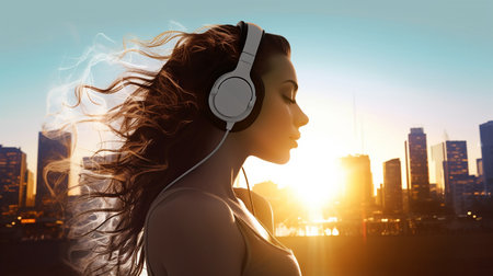 modern girl in headphones listening to music in headphones, enjoy life, urban scene, happiness conceptの写真素材