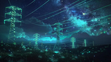 power lines futuristic lights neon blue color urban city date electrisity background
