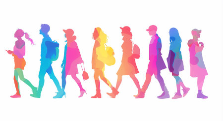 group of people silhouettes diversity concept colorful abstract background on whiteの写真素材
