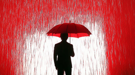 on your island of safety man silhouette standing under umbrella saving from red rainの写真素材