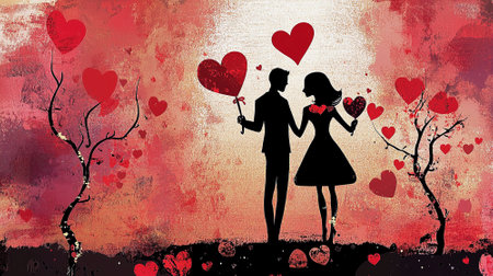 valentines day card love red heart warm and passion concept couple of lovers silhouetteの写真素材