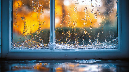 Rainy window reflection water dropletsの写真素材