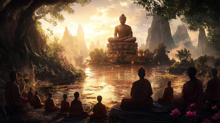 Buddha serene gathering on sunset
