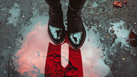 Boots in rain puddleの写真素材