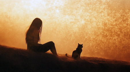 female and cat silhouette on abstract background