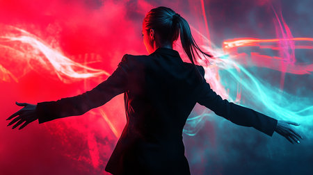 silhouette woman in suit dancing light cheerful atmosphere euphoriaの写真素材