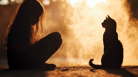 Silhouette lonely girl silhouette sitting together with cat, loneliness concept, love petの写真素材