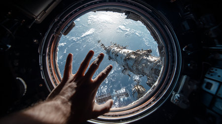 hand on the porthole with a space stationの写真素材
