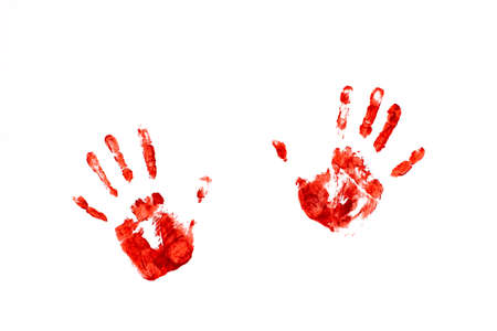 red - bloody handprints hands of a woman on a white background