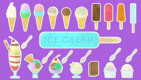 Ice cream icons set in watercolor style on purple background. Vector illustration.のイラスト素材