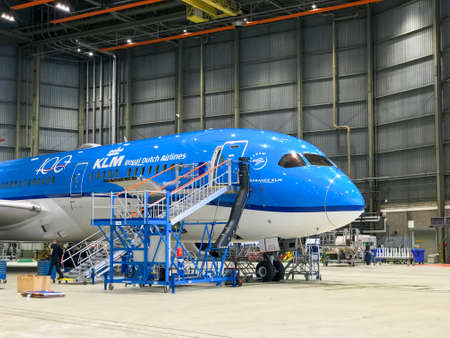 Boeing 787 in hangar for maintenanceのeditorial素材