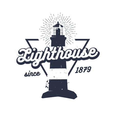 Retro nautical label with lighthouse, sunburst and lettering. Vector illustration for label, t-shirt print, vintage badges and logo design.のイラスト素材