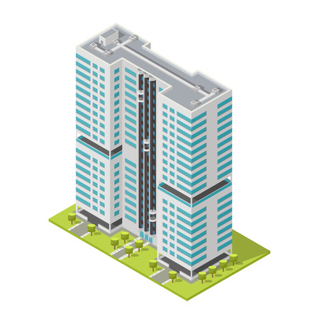 Realistic office building, isometric skyscraper, modern apartments. Vector illustration. 3D design for logos, infographics and city map creation. City collection.のイラスト素材