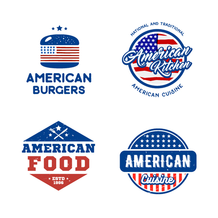 Set of retro logos american cuisine concept. Creative  illustration for fast food, restaurant labels, emblems, badges.のイラスト素材