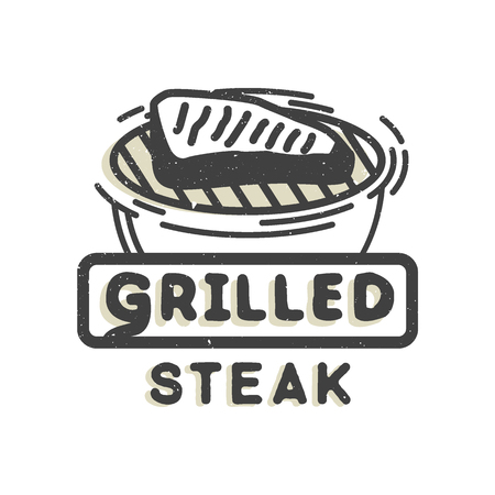 Creative design with grilled steak. Vector illustration. Designed to label, emblem or badge for bbq house, steak house, restaurant menu design.のイラスト素材