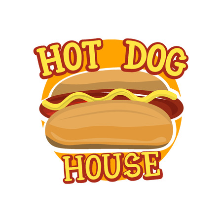 Creative design with hot dog. Vector illustration. Designed to label, emblem or badge for bbq house, menu design.の写真素材