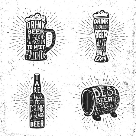 Creative beer set with glass, mug, bottle and barrel silhouette. Vector illustration with sunburst and lettering. Graphic beer objects used for advertising beer festival, beverage, brewery, or bar, pub or restaurant menu.のイラスト素材