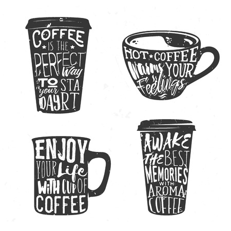 Creative set of design with coffee cup. Vector illustration with sunburst and lettering. Typography coffee lettering used for poster, card or banner.のイラスト素材