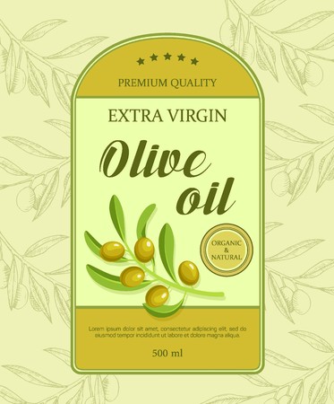 Beautiful label for olive oil with green olive branch. Vector illustration done in retro style. Label designed for advertising live oil premium quality.のイラスト素材