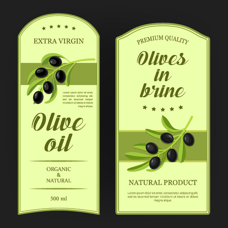 Set of labels for olive oil with black olives branches. Vector stickers designed for advertising olive oil or olives in brine premium quality.のイラスト素材