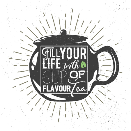 Teapot silhouette with handwritten phrase. Vector illustration, graphic design. Decorative kettle with motivation used for poster, banner, cards, prints, cafe menu or shop branding.のイラスト素材