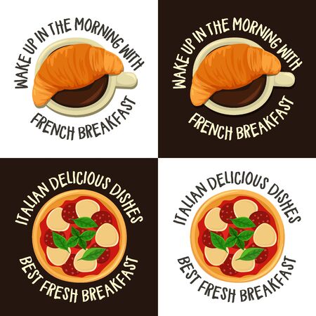 Set of colourful labels with french and italian breakfast.のイラスト素材