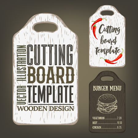 Hand drawn cutting board mockup with usage examples. Vector illustration with textured rectangular plank used as template for label, logo, card, poster, advertising bar or pizzeria menu.のイラスト素材