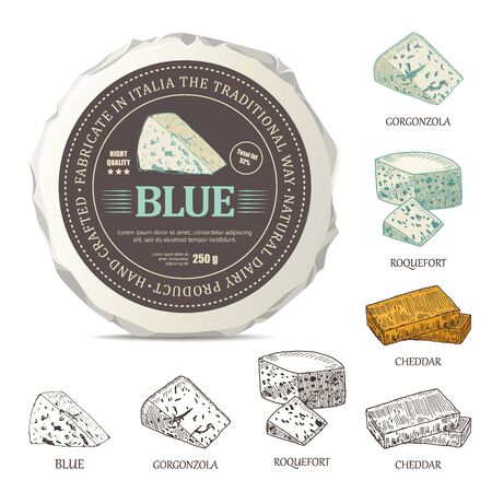 Blue cheese sticker design on mockup wrapper. Vector label with outline curds set. Hand drawn template used for advertising cheese and graphic icons good for logo design or emblem creation.の写真素材