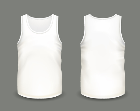 Mens white sleeveless tank in front and back views. Vector illustration with realistic male shirt template. Fully editable handmade mesh. 3d singlet used as mock up for prints or logo design.のイラスト素材