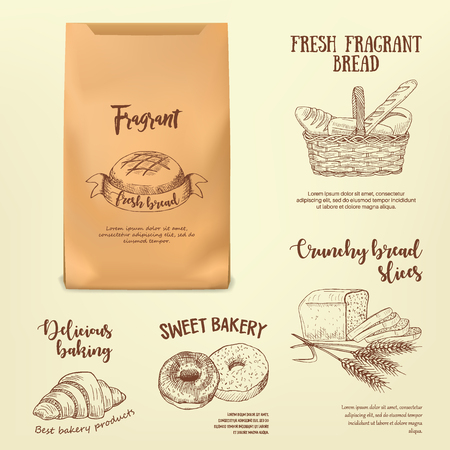 Set of hand drawn bread labels on paper bag mockup. Vector illustration with line realistic baking emblems designed for advertising bakery, booklet, handbill, poster, logo and packing design.のイラスト素材